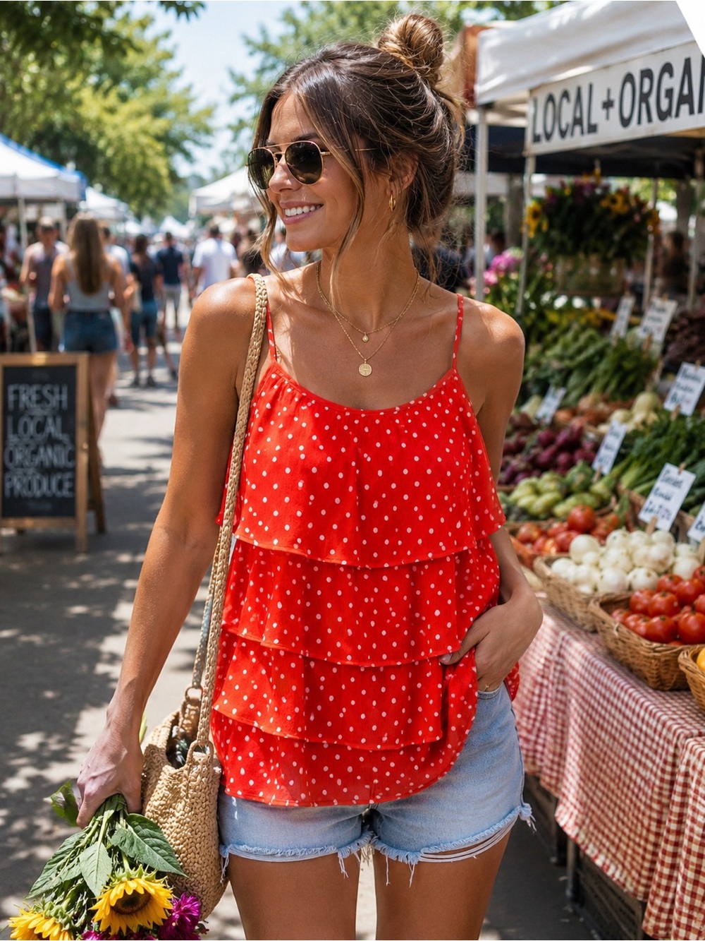 Polka Dot Tiered Ruffle Cami Tank Top Y2K Cottagecore Boho Summer M